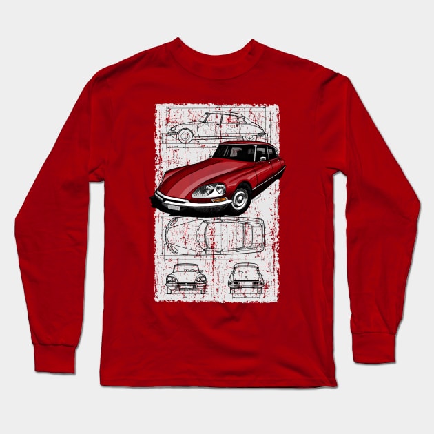 The iconic french car with blueprint background Long Sleeve T-Shirt by jaagdesign